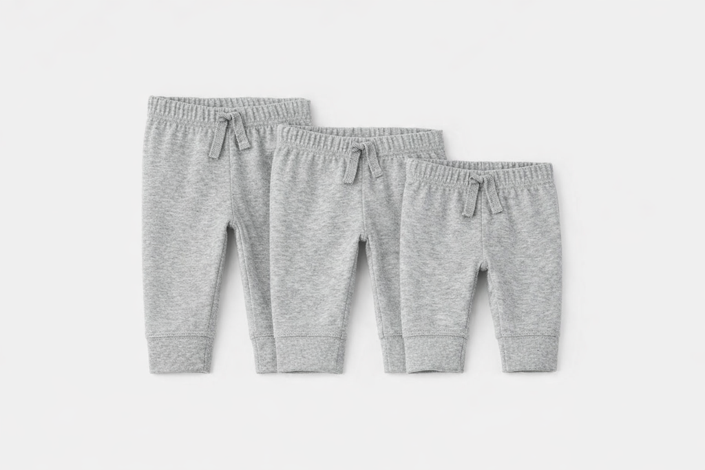 Carter's light grey pants set showing all 3 sizes - Newborn, 3M, and 6M