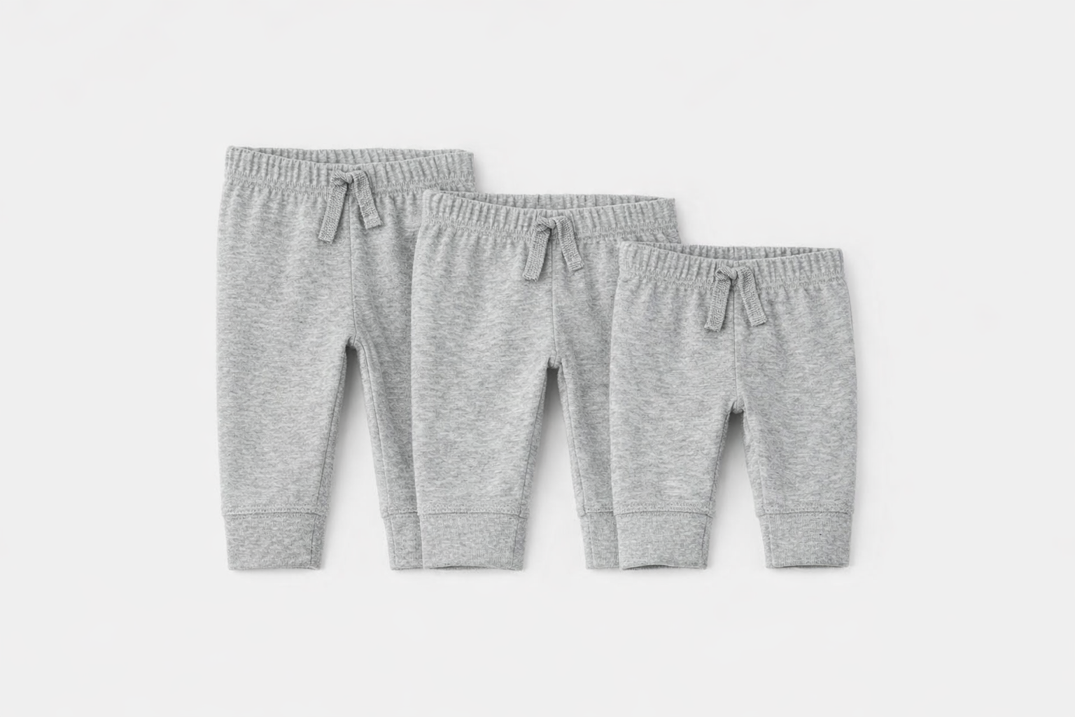 Carter's light grey pants set showing all 3 sizes - Newborn, 3M, and 6M
