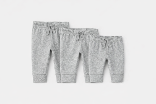 Carter's light grey pants set showing all 3 sizes - Newborn, 3M, and 6M