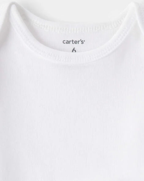 Carter's white onesie neck label close-up showing size tag
