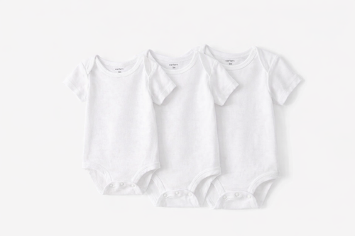 Carter's white onesie set showing all 3 sizes - Newborn, 3M, and 6M flat lay
